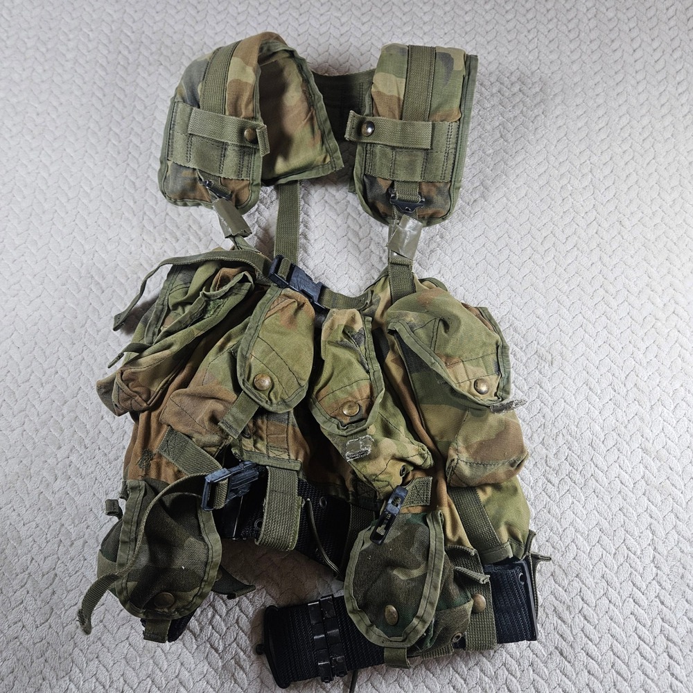 US Military Tactical Load Bearing Vest Woodland Camo TLBV With Web Belt 90s